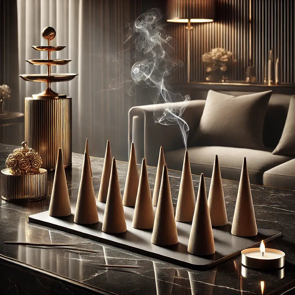 Sacred Fragrance oud incense cones with a cone holder and fragrant smoke