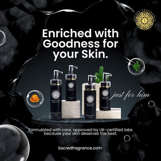 Sacred Fragrance oud body wash used as the first step in a fragrance layering routine